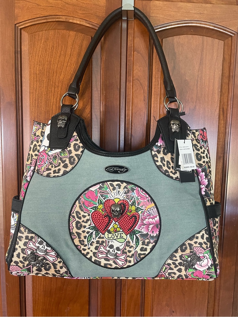 Ed Hardy Denim Tote with Leopard, Floral & Heart Skull Design